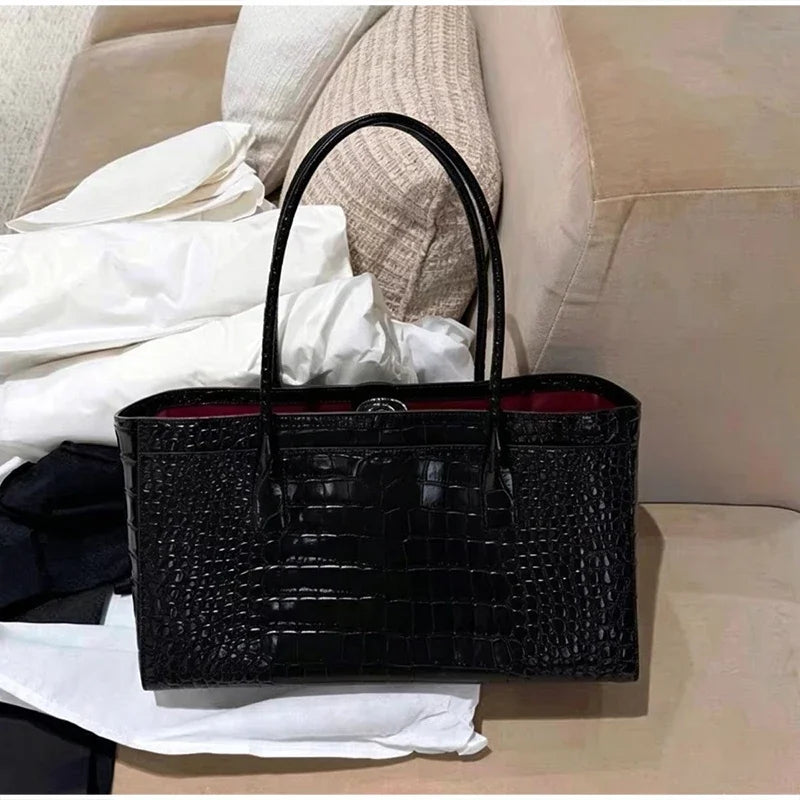 Crocodile Grain Embossed Top Handle Handbag,Luxury Tote Bag,Commute Work Chic Everyday Women Underarm Shoulder Bag,Black,Green