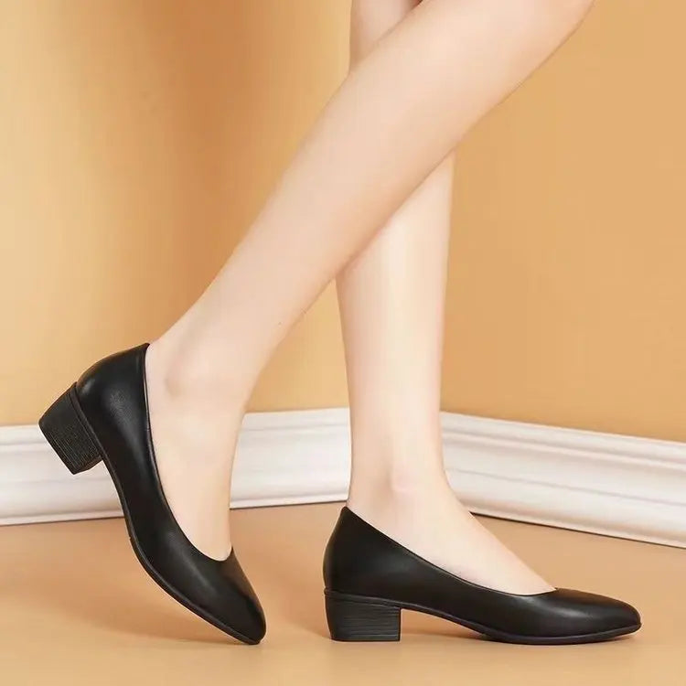 2025 New Arrival Women's Low-Heel Pumps Black Genuine Leather Formal Shoes Slip-On Commuter Comfortable Mid-Heel
