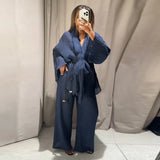 Tie Front Textured Women Set V-Neck Loose Set Wide Sleeve Drawstring Pants Casual Lounge Solid Color 2 Piece Outfits For Daily