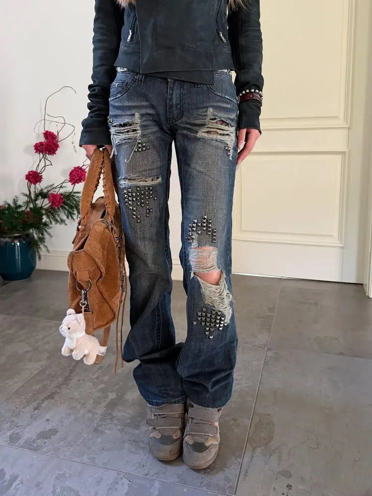 Women's High-Waist Rivet Distressed Straight-Leg Jeans