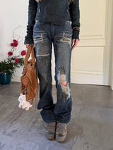 Women's High-Waist Rivet Distressed Straight-Leg Jeans