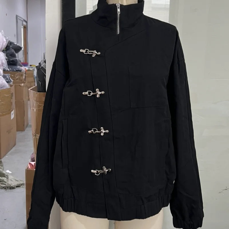 Stylish Girl Stand Collar Street Jacket Personality Button Zipper Solid Jacket Date Commuter Clothing Female New Casual Clothes