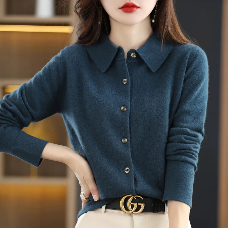 Polo Collar Spun Wool Cardigan – Elegant Single-Breasted Knit Jacket