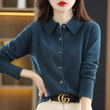 Polo Collar Spun Wool Cardigan – Elegant Single-Breasted Knit Jacket