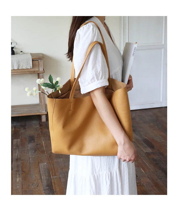 Bag Women 2022 New Summer Genuine Leather Tote Female Casual Fashion Simple Underarm Shoulder Bag Large Capacity Shopper Handbag
