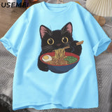 Ramen Cat Tshirt Japanese Style Cat Lover T-Shirt Kawaii Cartoon Cotton Short Sleeve T Shirts Mens Clothes Tee Shirt Tops