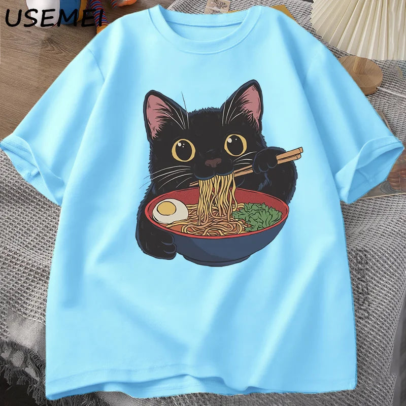 Ramen Cat Tshirt Japanese Style Cat Lover T-Shirt Kawaii Cartoon Cotton Short Sleeve T Shirts Mens Clothes Tee Shirt Tops