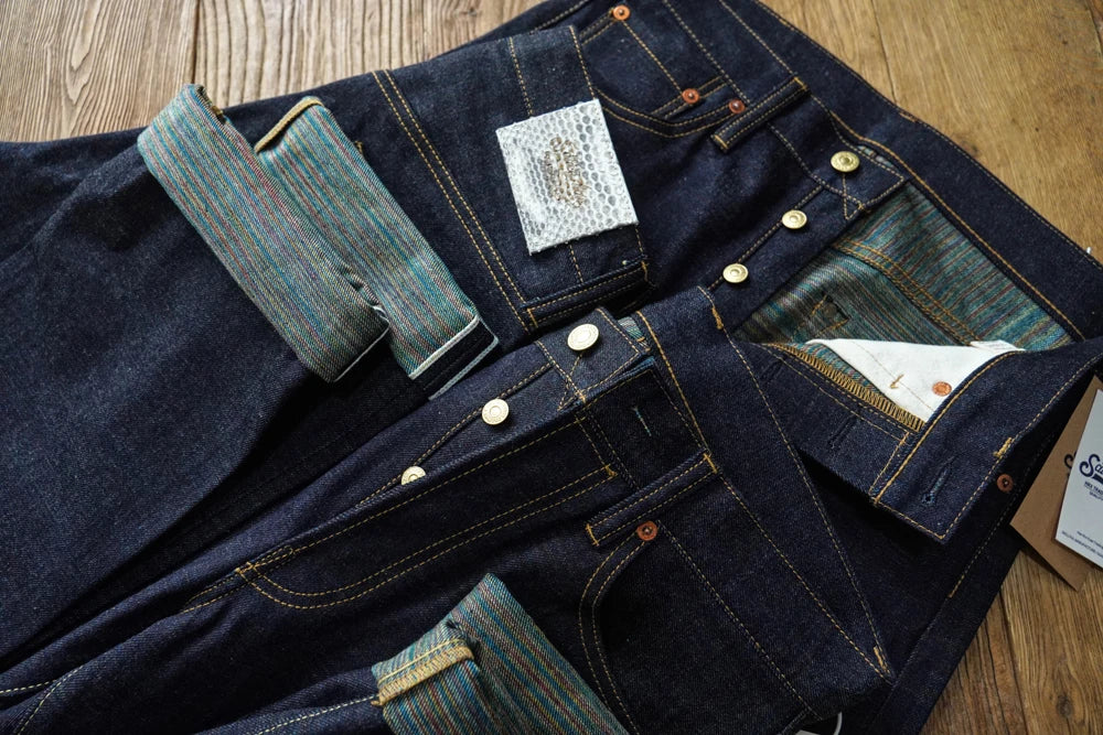 SAUCE ZHAN Mens Jeans Rainbow Sanforized Selvedge Denim Jeans Man Python Skin Labels Regular Fit 14 Oz
