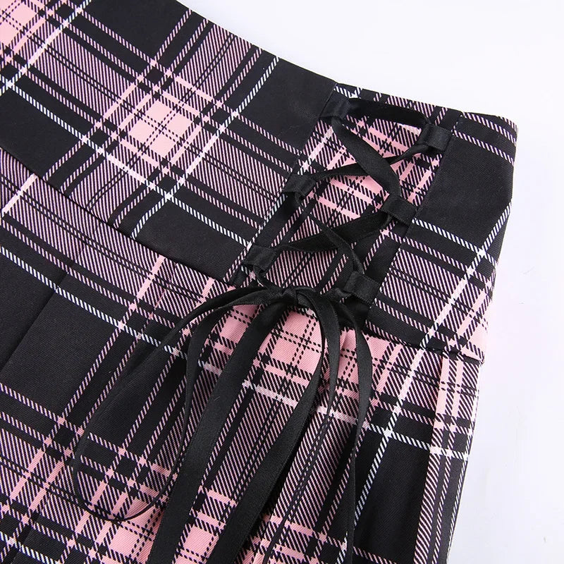 Pink Plaid Y2K Pleated Mini Skirt with Lace Trim