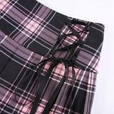 Pink Plaid Y2K Pleated Mini Skirt with Lace Trim