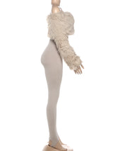 Women's Furry Patchwork Slash Neck Streetwear Jumpsuit