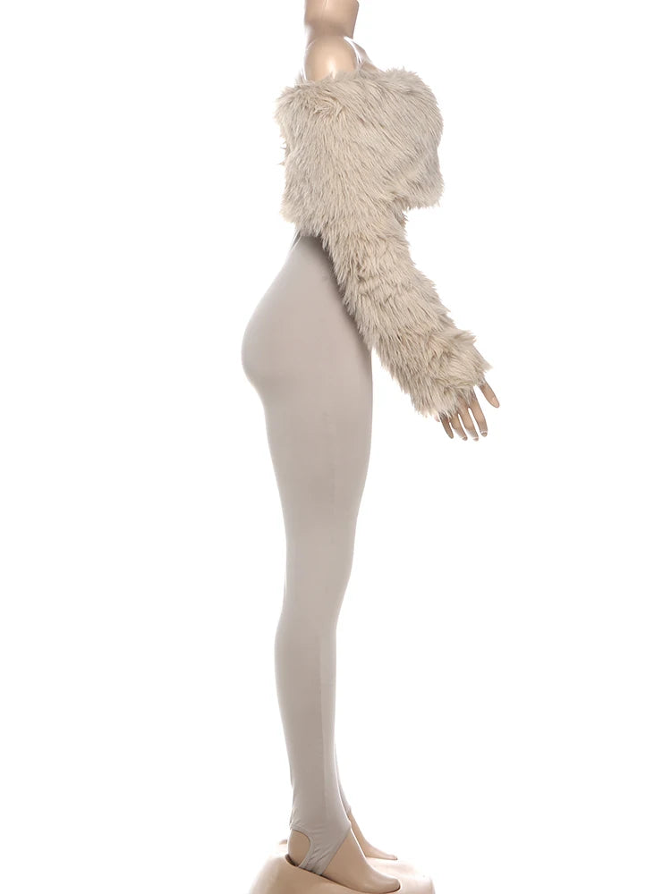 Women's Furry Patchwork Slash Neck Streetwear Jumpsuit