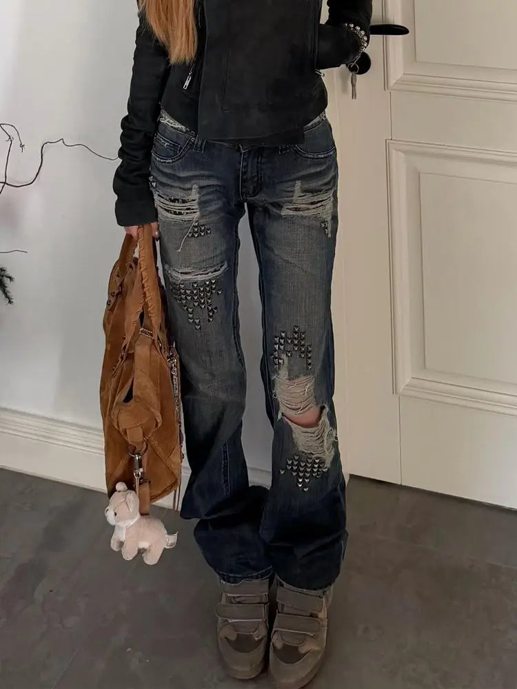 Women's High-Waist Rivet Distressed Straight-Leg Jeans