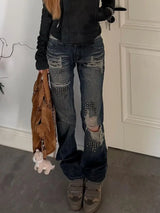 Women's High-Waist Rivet Distressed Straight-Leg Jeans
