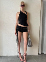 Nibber Sexy Hollow 3-Piece Set Women Hollow Biased Collar Backless Vests+Rivet Waistband+Simple Solid Shorts Slim Midnight Suits