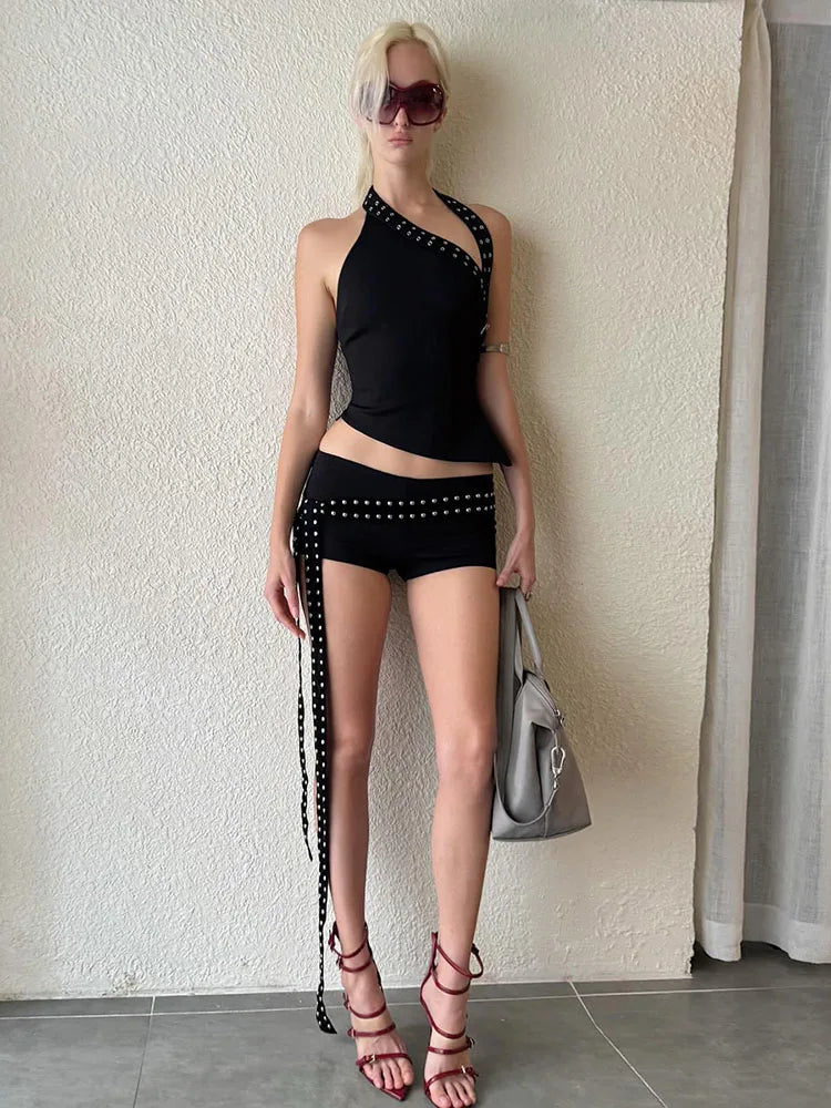 Nibber Sexy Hollow 3-Piece Set Women Hollow Biased Collar Backless Vests+Rivet Waistband+Simple Solid Shorts Slim Midnight Suits
