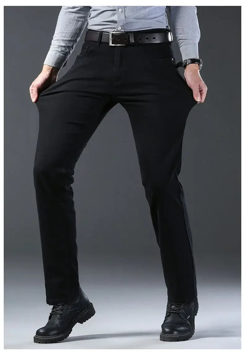 High Quality Autumn Winter Solid Color Black Men's Jeans Classic Stretch Denim Pants Work Business Cotton Trousers Plus Size 40