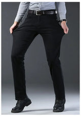 High Quality Autumn Winter Solid Color Black Men's Jeans Classic Stretch Denim Pants Work Business Cotton Trousers Plus Size 40