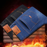 Men Winter Snow Warm Plush  Loose Minimalist Jeans Male Fleece Lined ThickenedStraight Denim Pants Slim Fit Elasticity Trousers