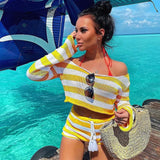 Cryptographic Casual Fashion Striped Knitted Two Piece Sets Long Sleeve Sweaters Off Shoulder Top and Shorts Matching Sets Solid