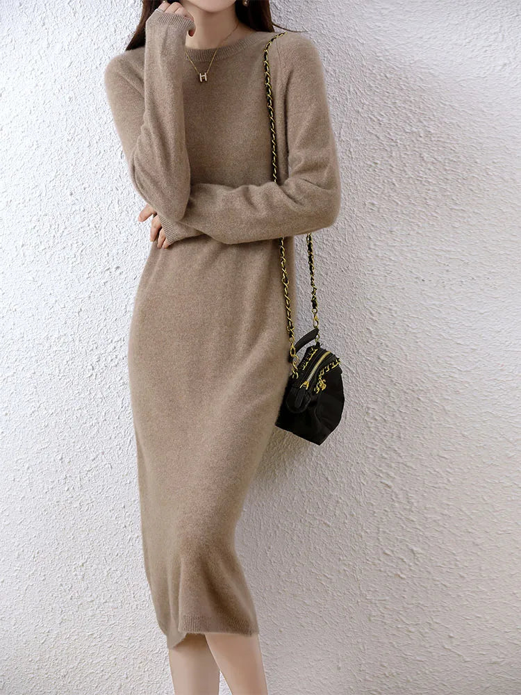 100% Merino Wool Long-Sleeve Midi Sweater Dress
