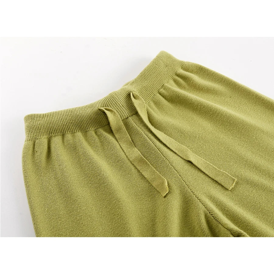 Hirsionsan Winter Thick Women Knitted Suits Soft 2 Pieces soft Female Sets Polo Neck Sweater & Wide Leg Pants Knitted Outfit