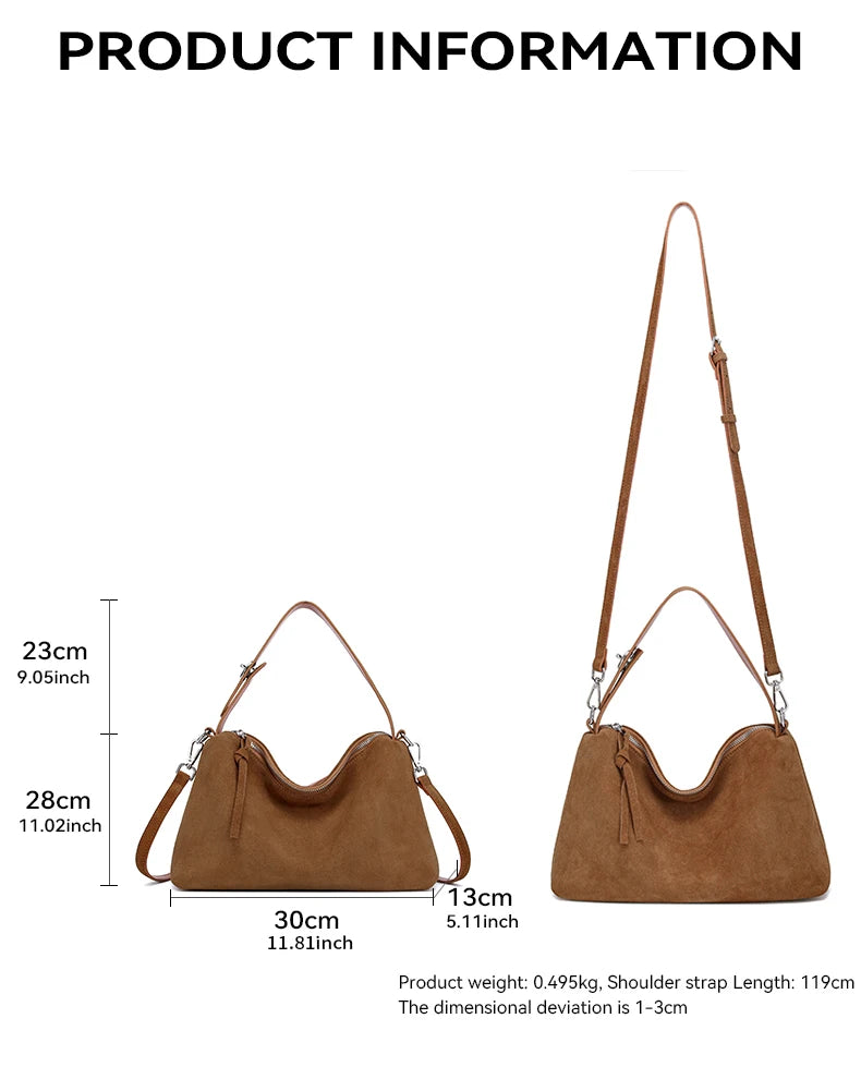 Russian Women's Genuine Suede Cowhide Leather Shoulder Bag Retro Frosted Cow Large Capacity Versatile Commuting Luxury Designer