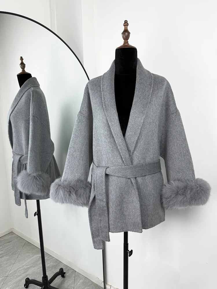 Elegant Fox Fur & Double-Sided Wool Coat