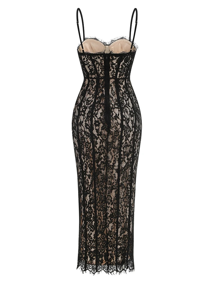 Elegant V-Neck Lace Maxi Dress