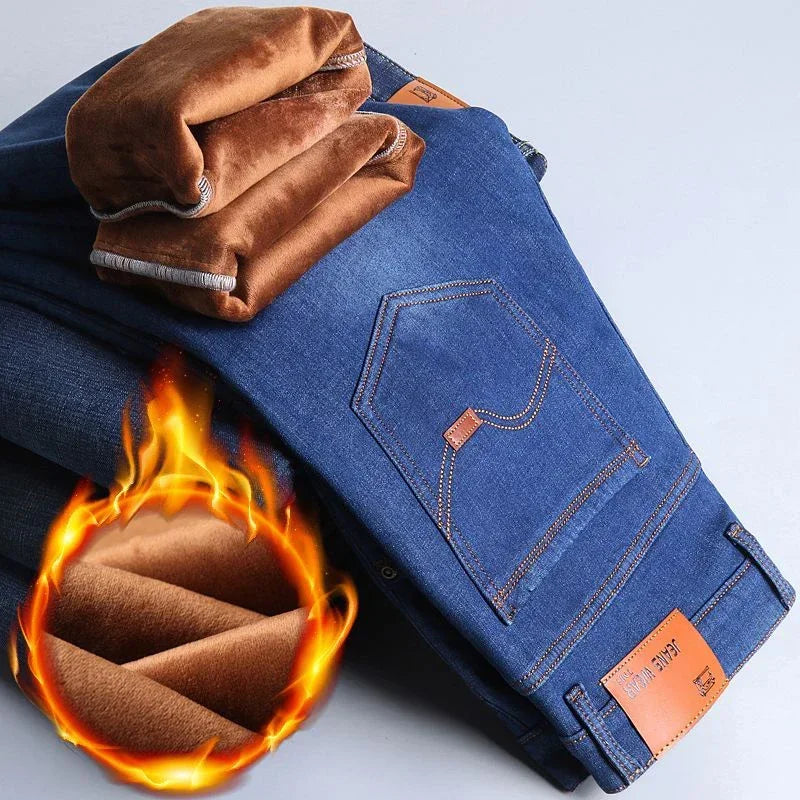 Men Winter Snow Warm Plush  Loose Minimalist Jeans Male Fleece Lined ThickenedStraight Denim Pants Slim Fit Elasticity Trousers