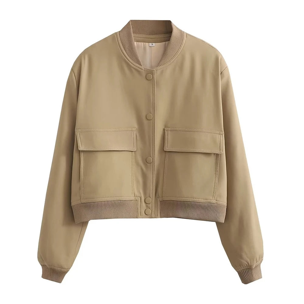 Women’s Vintage Utility Bomber Jacket – Chic Button-Down Outerwear
