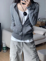 2000S American Vintage Striped Loose Long Sleeve Hooded Sweatshirt Y2k Subculture Casual Zip Up Hooded Cardigan Harajuku Coats