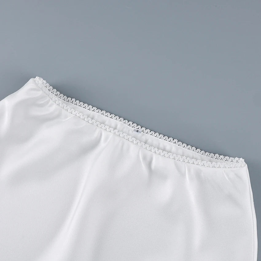 Linad White Satin Layered Lace Mini Skirt
