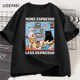 More Espresso Less Depresso Black Cat T-shirt Men Women Funny Coffee Cat T Shirt Casual Summer Cotton Short Sleeve Tshirt Tops