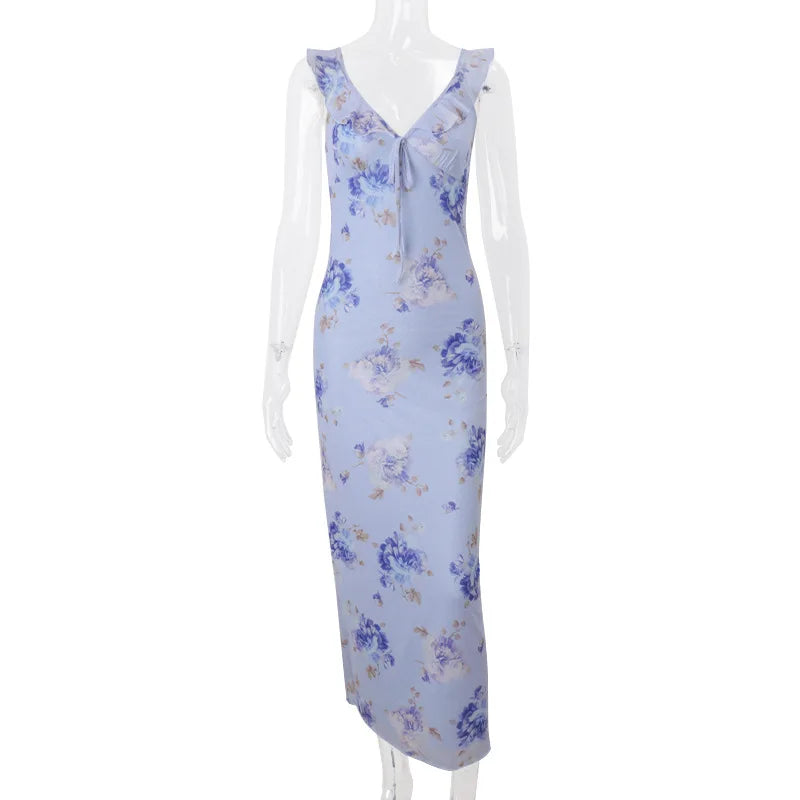 Women's Floral Print Backless Maxi Dress