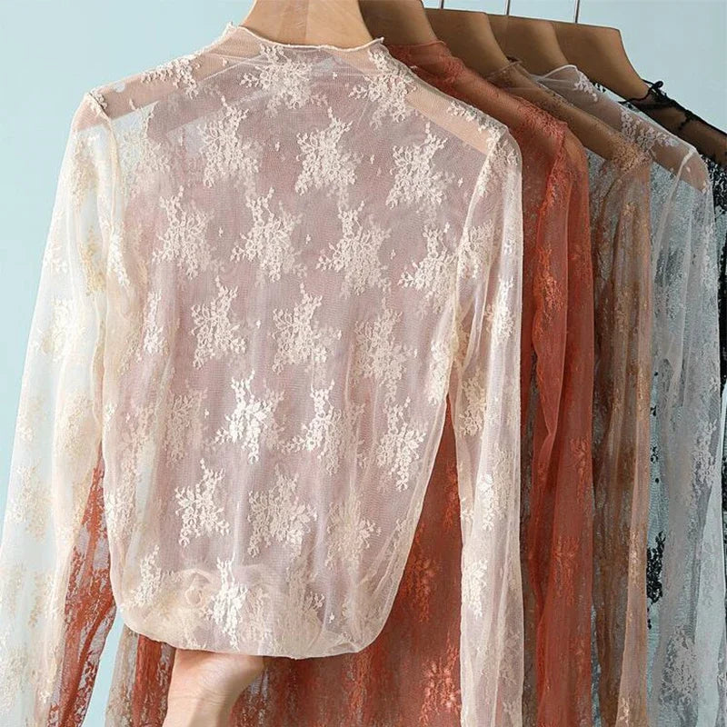 Women’s Floral Lace Mesh Mock Neck Long Sleeve Top