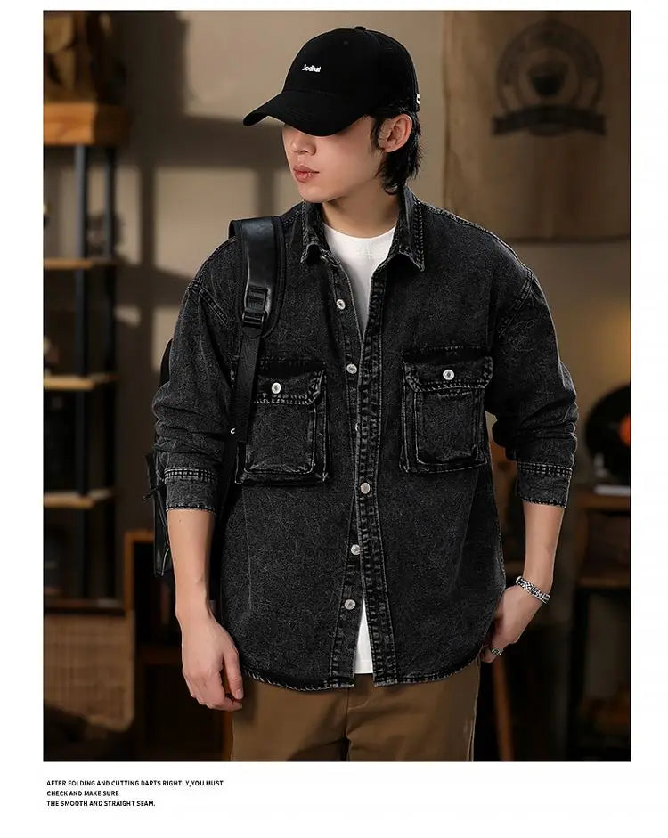 Men Fashion Denim Jackets Coats Loose Fit Pockets Solid Turn Down Collar Full Sleeve Regular Jacket Spring 2025 Causal Clothing