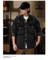 Men Fashion Denim Jackets Coats Loose Fit Pockets Solid Turn Down Collar Full Sleeve Regular Jacket Spring 2025 Causal Clothing