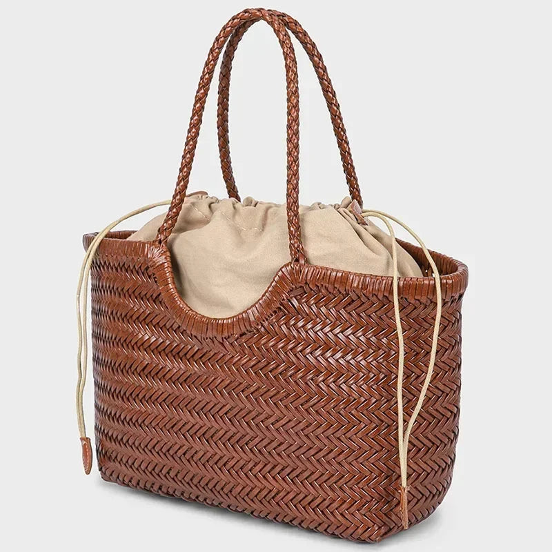 Genuine Leather Cowhide Tote Bags For Women Luxury Designer Handbag Purses 2025 New In Vintage Handmade Weave Underarm Shoulder