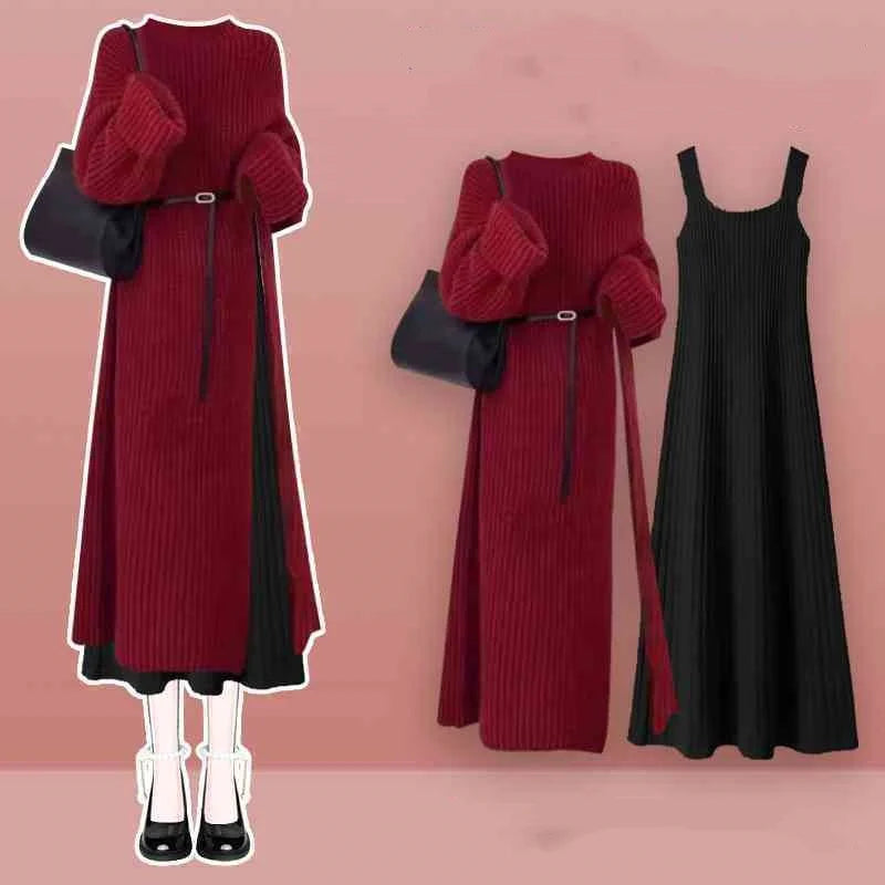 Women's Spring Autumn Long Split Sweater Sling Dress Two Piece Set Lady Graceful Black Knit Clothing Sleeveless Dresses Outfits