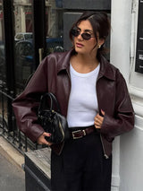 Women's Wine Red Pu Leather Short Jacket Fashion Autumn Lapel Collar Zipper High Street Loose Overcoats Ladies Button Outerwears