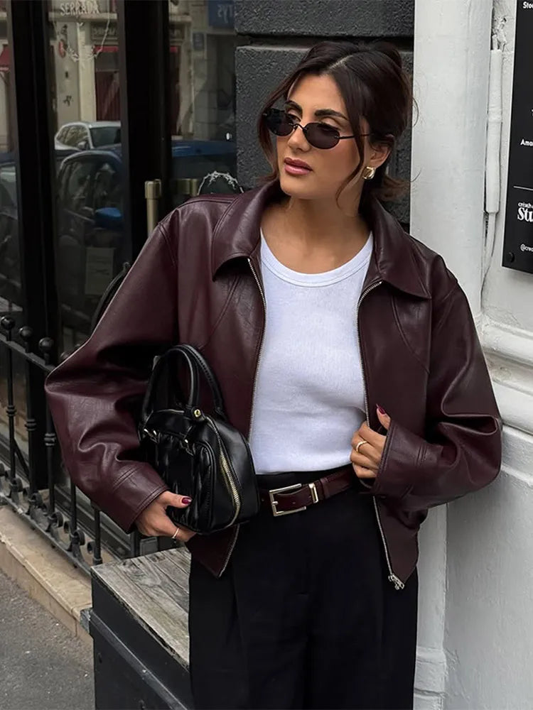 Women's Wine Red Pu Leather Short Jacket Fashion Autumn Lapel Collar Zipper High Street Loose Overcoats Ladies Button Outerwears