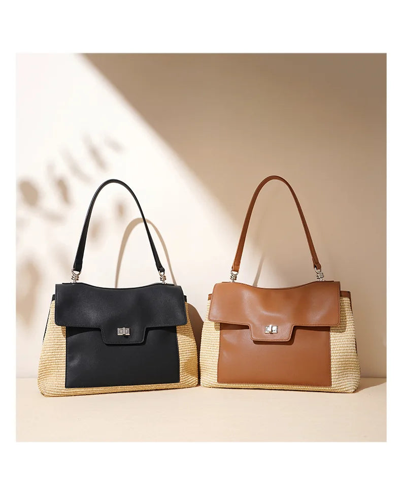 Summer 2026 Women's Raffia Woven Tote Bag Split Leather Crossbody Straw Messenger Bag Grass Weaving Shoulder Bag for Ladies New