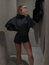 Fashion Navy Polka Dot Shorts Set For Women Casual Stand Collar Zipper Jacket & High Waist Shorts Lady 2026 Spring Chic Outfits