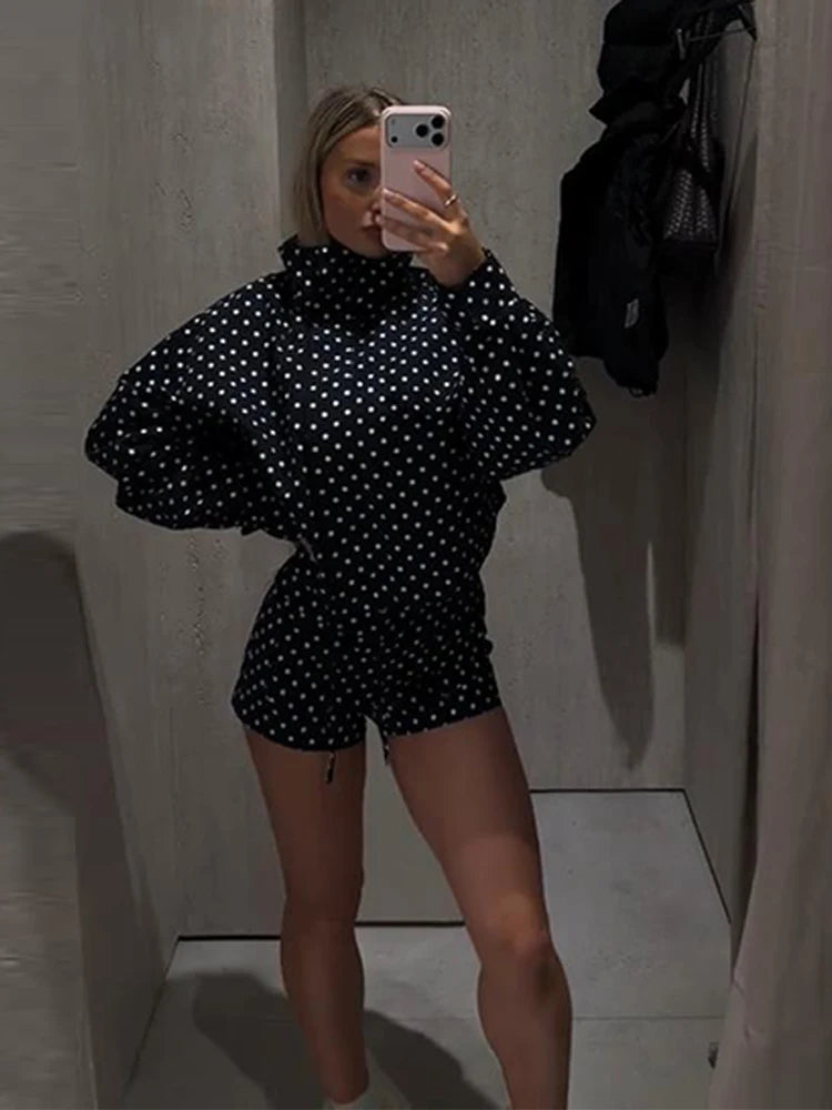 Fashion Navy Polka Dot Shorts Set For Women Casual Stand Collar Zipper Jacket & High Waist Shorts Lady 2026 Spring Chic Outfits