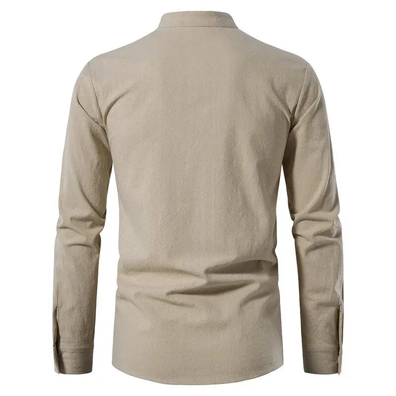 Men's Casual Henley Shirt — Stand Collar, Long Sleeve with Drawstring Cuffs