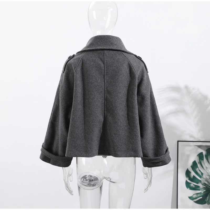 Fashion Short Woolen Coat Women Stand Collar Single-breast Full Sleeve Loose Pocket Jacket Female 2026 Autumn Solid Lady Outwear