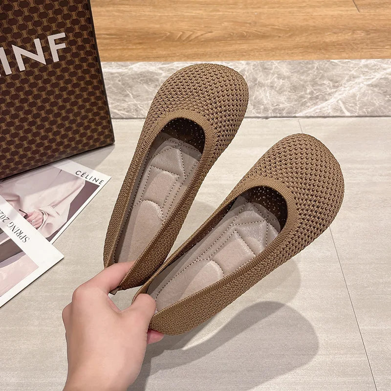 Big Size 42 Women Flats Knitted Breathable Sneakers Ladies Soft Bottom Ballet Loafers Casual Slip on Boat Shoe for Woman