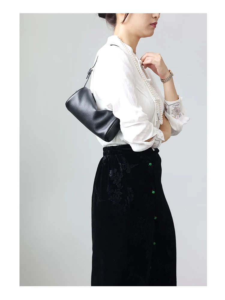 Full Grain Leather Soft Balck Small Size Crossbody Bags For Women Luxury Adjustable Shoulder Strap Underarm Bag Portable Handbag