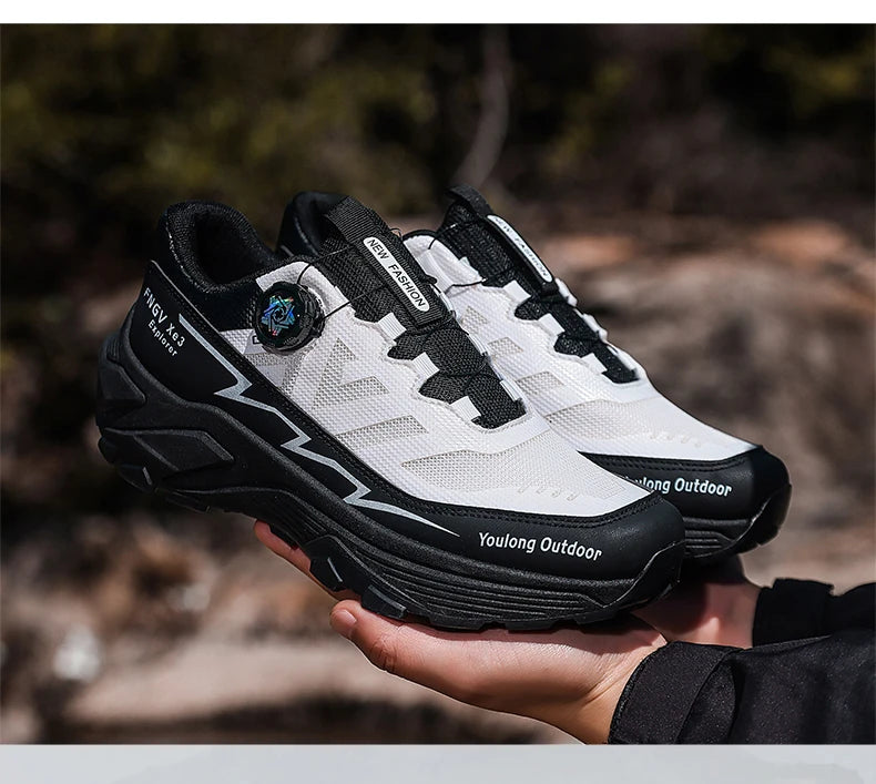 Outdoor Hiking Shoes for Men, Lightweight Travel Hiking Shoes, Breathable Mesh Sneakers, Casual Walking Shoes, Rotating Buckle Design, Non-Slip and Wear-Resistant Trail Shoes, Suitable for Mountaineering and Camping, 2026 New